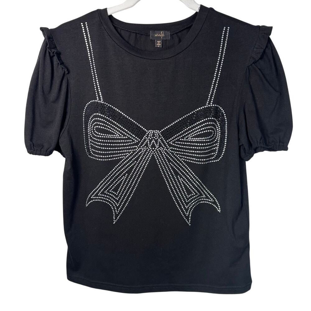 Ontwelfth Black Rhinestone Graphic Bow Puff Short Sleeve Blouse Women's Small